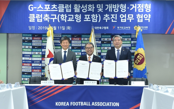 좌측부터 정몽규대한축구협회장, 이재정 경기도교육감, 송한준 경기도의회의장