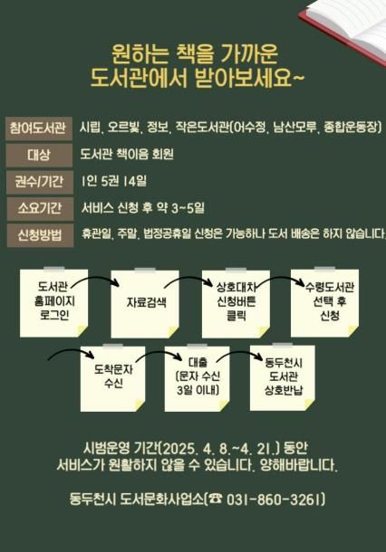 동두천시 도서관, 원하는 책을 가까운 도서관에서 받아보세요