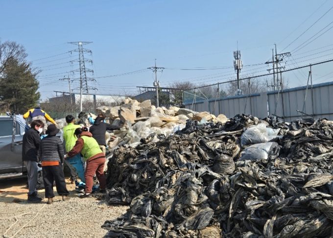 장안면 주민들이 수거된 폐비닐을 분류하며 집중수거 작업을 진행하고 있다