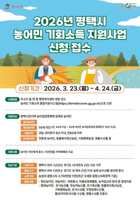 평택시 ‘2026년 농어민 기회소득’ 1차 신청 접수